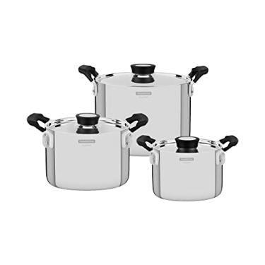Imagem de Jogo de Panelas Tramontina Grano Compact em Aço Inox com Corpo Triplo e Alças com Revestimento em Silicone Preto 3 Peças