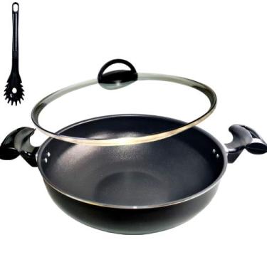 Imagem de Panela, Paellera, Frigideira Paella Wok 30 cm Antiaderente Preta + Esp