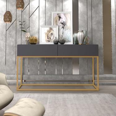 Imagem de Aparador Eros 110cm Comprimento Pés Em Metal Dourado Móvel Cinza