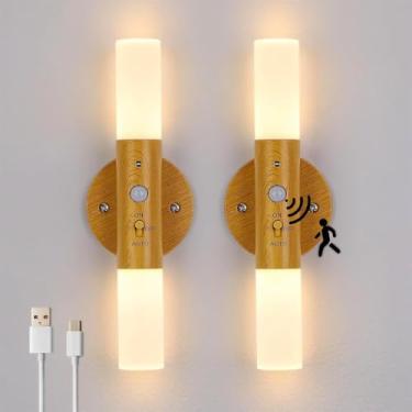 Imagem de Arandela de parede operada por bateria com sensor de movimento inteligente, arandelas de parede recarregáveis por USB, conjunto de dois, luz de parede magnética sem fio interna, lâmpada de parede de