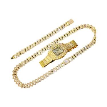 Imagem de Pulseira de Relógio Masculina tipo Corrente Cubana Banhada a Ouro - Es