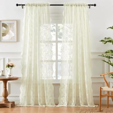 Imagem de Cortinas de renda creme, 2 painéis, 2 painéis, vintage, floral, transparente, para sala de estar, quarto de meninas, bolso para varão, filtro de luz, tecido de renda, decoração de janela grande para