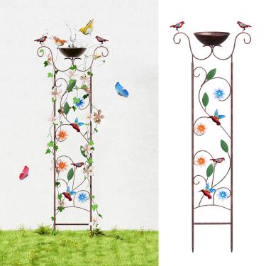 Imagem de Glirops Banho de pássaro para exterior - Banho de pássaro de ferro antigo com treliça, tigela decorativa destacável de beija-flor, suporte de planta de metal para flores trepadeiras, elegante recurso