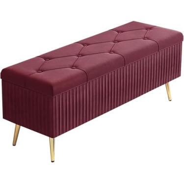 Imagem de Banqueta retangular de veludo dobrável para armazenamento contra incêndios, armazenamento de grande capacidade, adornado com botões e pernas antiderrapantes, 60 x 40 x 45 cm, vermelho