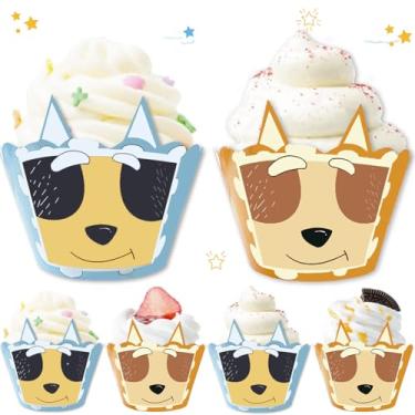 Imagem de Embalagens de cupcake de cachorro azul com desenho animado, 20 peças, forros de cupcake para família de cães, para decoração de chá de bebê com tema de cachorro azul