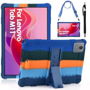 Imagem de DETUOSI Capa compatível com Lenovo Tab M11/K11 LTE de 11 polegadas (TB-330FU/330XU), ângulos de visualização múltipla, capa de silicone macio antiestresse com alça de ombro e caneta Stylus, azul