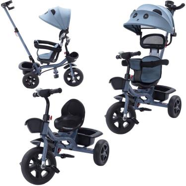 Imagem de Triciclo Carrinho de Passeio Infantil com Capota Porta Objetos Cinto de Segurança até 50kg Empurrador Cestos e Rodas de EVA