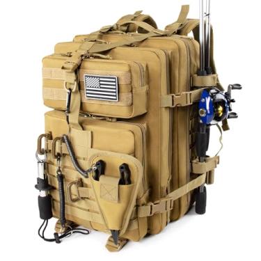 Imagem de Mochila grande de equipamento de pesca de 45 l com suporte removível para alicate e suportes de vara, bolsa tática cáqui, organizador de equipamentos de pesca e caixa de equipamentos, mochila de