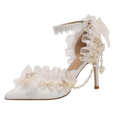 Imagem de STARSHINE RESPLENDENT Sweet lace lorita vestido de noiva de salto alto sapatos femininos com franjas brancas flores pontiagudas sandálias de salto alto menina salto médio sapatos de salto baixo, Salto