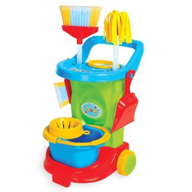 Imagem de Carrinho de Limpeza infantil Faxina Kit Brinquedo Completo Vassoura Es