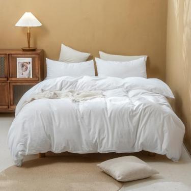 Imagem de FOSSA Conjunto de capa de edredom 100% algodão lavado e linho, super macio, respirável, aconchegante, estilo simples, conjunto de cama de 3 peças, branco brilhante, solteiro/solteiro GG