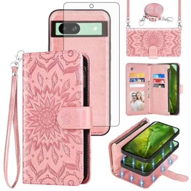 Imagem de Asuwish Capa de celular para Google Pixel 8A carteira com zíper magnética destacável com protetor de tela alça transversal alça floral flip porta-cartões Pixel8A A8 5G mulheres homens ouro rosa