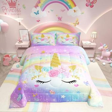 Imagem de Conjunto de edredom infantil de unicórnio, solteiro, arco-íris, unicórnio, para decoração de quarto de princesa, fofo, animal de desenho animado, roxo, gradiente