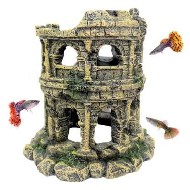 Imagem de Hamiledyi Aquário Antigo Coluna Romana Ruínas Castelo Europeu Pedra Caverna Decorações de Tanque de Peixes Ornamentos de Resina Artificial Grande Paisagismo para Brincar de Esconder Betta
