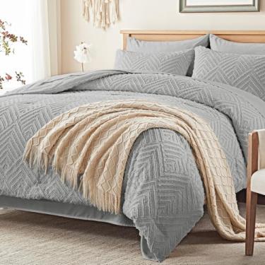 Imagem de Zzlpp Jogo de cama King com edredom e lençóis, 7 peças, cinza claro com edredom e lençóis, 2 fronhas, 1 lençol de cima, 1 lençol com elástico