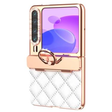 Imagem de POYUFRG Capa fina para Huawei Pura X, capa de couro galvanizada elegante de luxo com suporte de anel giratório e capa de proteção de dobradiça, branca, Pura X