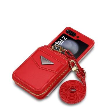 Imagem de HJZSZX Para Samsung Z Flip 6 Long Lanyard Couro Zip Wallet Cartão Telefone Case Crossbody Bolsa Capa (Para Samsung Z Flip 6/Vermelho)