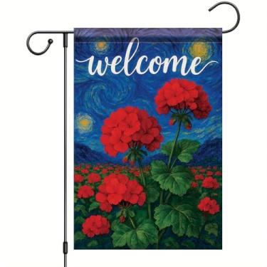 Imagem de Starlit Patio Bandeira de jardim de gerânio de noite estrelada, 30,5 x 45,7 cm, dupla face, faixa artística de boas-vindas Van Gogh, decoração floral para jardim, varanda, gramado, pátio, sazonal
