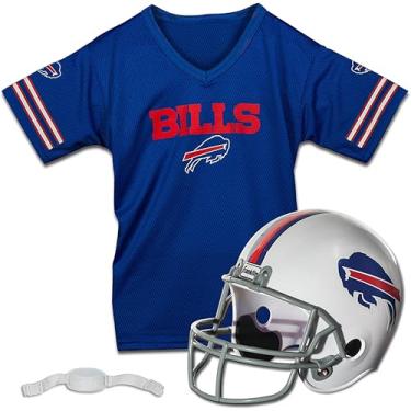 Imagem de Franklin Sports NFL Conjunto de capacete e camisa infantil – Fantasia de uniforme de futebol americano juvenil NFL – capacete, jérsei, chinstrap – juvenil M, Buffalo Bills, Medium