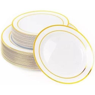 Imagem de Kit 60 Pratos Refeição 26Cm Descartáveis Luxo Plástico Gold - Udlandia