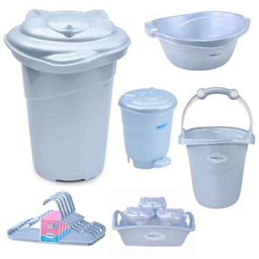 Imagem de Kit 10 peças Cesto de Roupas Bebê Bacia Balde Lixeira Organizador Cabides Plastibaby (Azul Perolado)