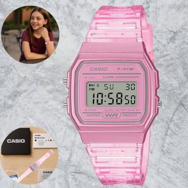 Imagem de Relógio Casio Retrô F-91WS-4DF Rosa Transparente Digital Feminino Juvenil Infantil Cronômetro Escolar Resistente Água Alarme