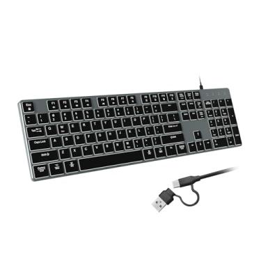 Imagem de POWZAN Teclado retroiluminado com fio para Windows/Mac, teclados finos e silenciosos de alumínio iluminados com interface dupla USB A/USB C, compatível com iMac, MacBook, iPad, laptop, PC - cinza e