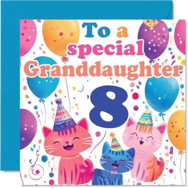 Imagem de Cartão de aniversário 8th Granddaughter - Cute Cats Special Granddaughter - Happy 8th Birthday Card for Granddaughter for Nanny Grandma Grandad, 145 mm x 145 mm Idade 8 Oito Cartões comemorativos para