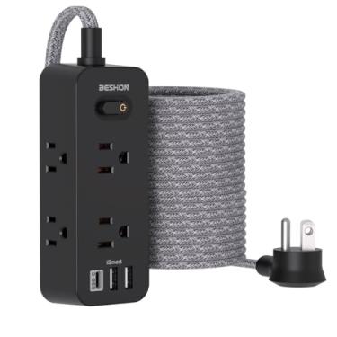 Imagem de BESHON Cabo De Extensão 7,6 M, Protetor Contra Surtos Energia, 6 Tomadas Com 3 Portas Usb (1 Tomada C), Extensor Lados, Montagem Em Parede, Compacto Para Viagens, Casa, Dormitório Universitário E Es