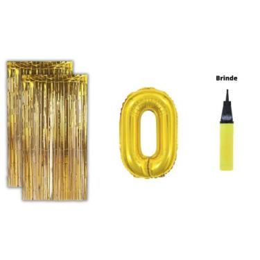 Imagem de Kit 2 Cortinas Metalizadas Balão Número+Bomba de Ar-Dourado - Partiufe