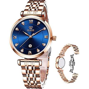 Imagem de OLEVS Relógio de diamante para senhora em aço inoxidável à prova d'água, relógio clássico de luxo da moda em quartzo com mostrador azul data