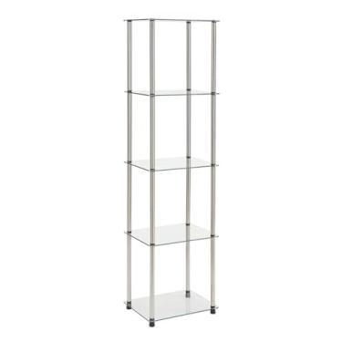 Imagem de Convenience Concepts Designs2Go Classic Glass 5 Tier Tower 40 cm – Estante moderna de armazenamento de mídia para sala de estar, estante para sala de família, quarto, banheiro, escritório, vidro/cromo
