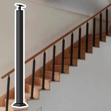Imagem de Kit De Balaustrada De Metal Para Interiores, Balaustrada De Escada Quadrada Preta Com Conector & Sapatos, Guarda-corpos De Eixo De Segurança Stse Com Parafusos, Para Deck, Height-75cm(29 1/2"), 5 pcs