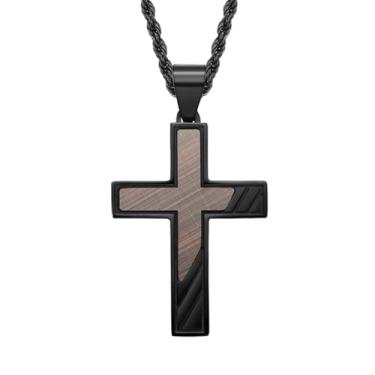 Imagem de Colar de cruz para homens, presente de formatura para o dia dos pais, corrente de aço inoxidável preto 316L, pingente de aço de titânio, crucifixo católico, joia de batismo de primeira confirmação