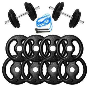 Imagem de Kit 20Kg em Anilhas de Ferro com 2 Barras 40cm e Corda de Brinde - SEP