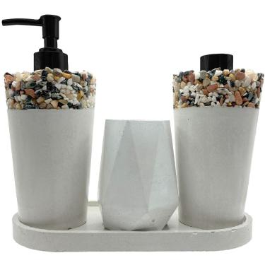 Imagem de Kit Lavabo Artesanal com Pedras Naturais Saboneteira PortaEscovas e Aromatizador Rústica Sofisticada