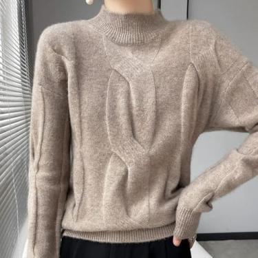 Imagem de Camisola De Gola Alta Meia Cashmere Para Mulheres - Senhoras Casual Classic Khaki Pullover Twist Knitted Sweater Jumper, Camisa De Fundo Solto Quente E Robusto, As Shown, S