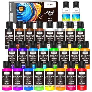 Imagem de Nicpro Tinta para aerógrafo de 24 cores (60 ml, 60 ml) com 2 mais finas, prontas para pulverizar, conjunto de tintas acrílicas opacas à base de água para modelo, metal, plástico, madeira, tela