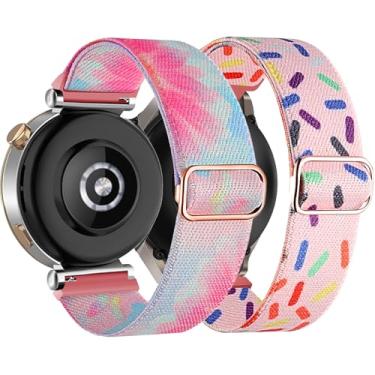 Imagem de DEALELE [Pacote com 2 pulseiras compatíveis com Huawei Watch GT5 Pro de 42 mm/GT5/GT4 41 mm/Garmin Venu 3S/Forerunner 265S/Fossil Gen 6, pulseira de nylon elástico colorido de 18 mm, flores rosa +