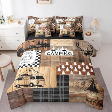 Imagem de Erosebridal Conjunto de edredom casal, 7 peças, rústico, patchwork, estilo casa de fazenda, para crianças, meninos, meninas, cama de acampamento feliz em uma bolsa, campo, geométrico, rural,