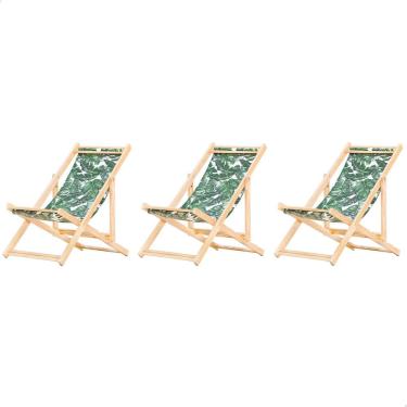 Imagem de Kit 3 Espreguiçadeiras Preguiçosa Dobrável sem Braço Natural em Madeira Maciça Tecido