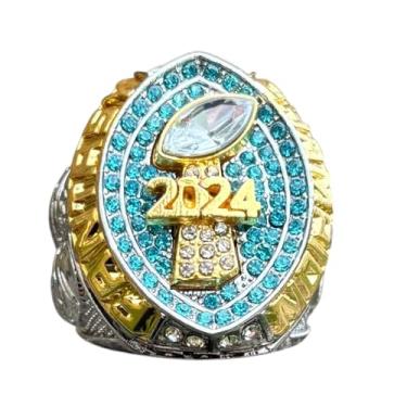 Imagem de Legacy Rings Anel Troféu Campeonato de Futebol de Fantasia 2024 Dourado Tom Prateado, Prêmio para Vencedor da Liga de Futebol Fantástico Pedras Azul Claro Tamanho 10