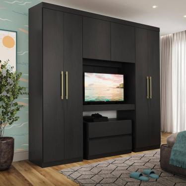 Imagem de Guarda Roupa Infantil 6 Portas 2 Gavetas Porto Preto com Painel de TV