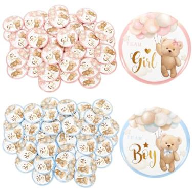 Imagem de JarThenaAMCS 100 peças de broche de botão de revelação de gênero de equipe menina menino botão crachá de metal para chá de bebê, lembrancinha de festa, suprimentos de jogos, 3,8 cm
