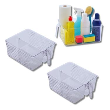Imagem de Caixa Cesto organizador em Acrílico Com Alça para Geladeira Dispensa Banheiro Armário cozinha 28cmx26 Kit com 2 Peças