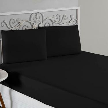 Imagem de Jogo De Lençol 100% Algodão Malha Toque Macio Com Elástico Jogo de Cama Casal Queen King 03 Peças (Preto, Casal 3 Peças)
