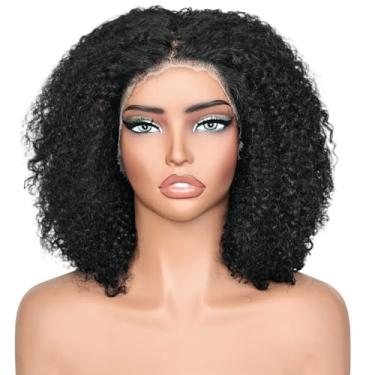 Imagem de UREMY Peruca Afro Kinkycurly de cabelo humano, 33 x 10 cm Peruca Bob sem cola, frontal transparente pré-arrancada, densidade 180, peruca lisa brasileira para mulheres negras, preto natural 35,5 cm