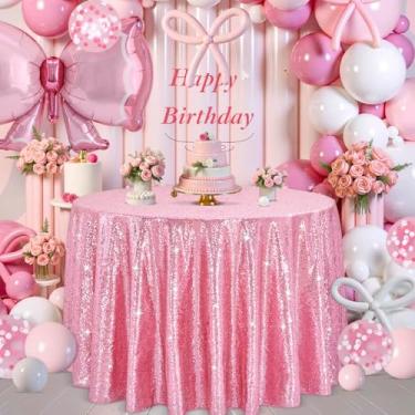 Imagem de B-COOL Toalha de mesa de lantejoulas redonda decorações de festa: toalha de mesa de 224 cm com sobreposição de lantejoulas tecido com glitter para festas internas e externas rosa fúcsia