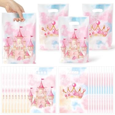 Imagem de K1tpde 50 peças de sacolas de lembrancinha de princesa em aquarela, tema de castelo de princesa rosa, sacolas de presente de plástico com alça para meninas, castelo pastel em aquarela, decorações de