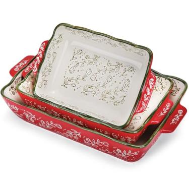 Imagem de Panela de lasanha profunda, 4,4, 2,8, 1,8 litros de caçarola para forno, 13 x 8, 29 x 7, 29 x 15 cm, conjunto de pratos retangulares de porcelana para assar, assadeira com alças para lasanha